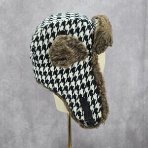 Mudd Black‎ Aviator Trapper Fux Houndstooth Earmuff Buckle Pilot Cap Bucket Hat